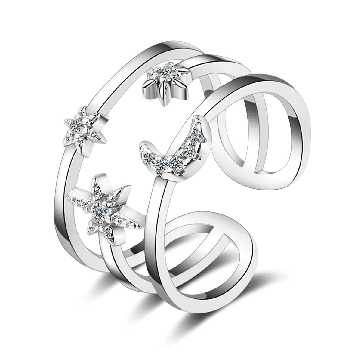 Cubic Zirconia & Silver-Plated Moon & Sun Open Ring