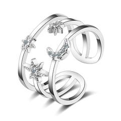 Cubic Zirconia & Silver-Plated Moon & Sun Open Ring