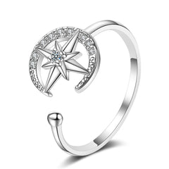 Cubic Zirconia & Silver-Plated Moon & Star Open Ring