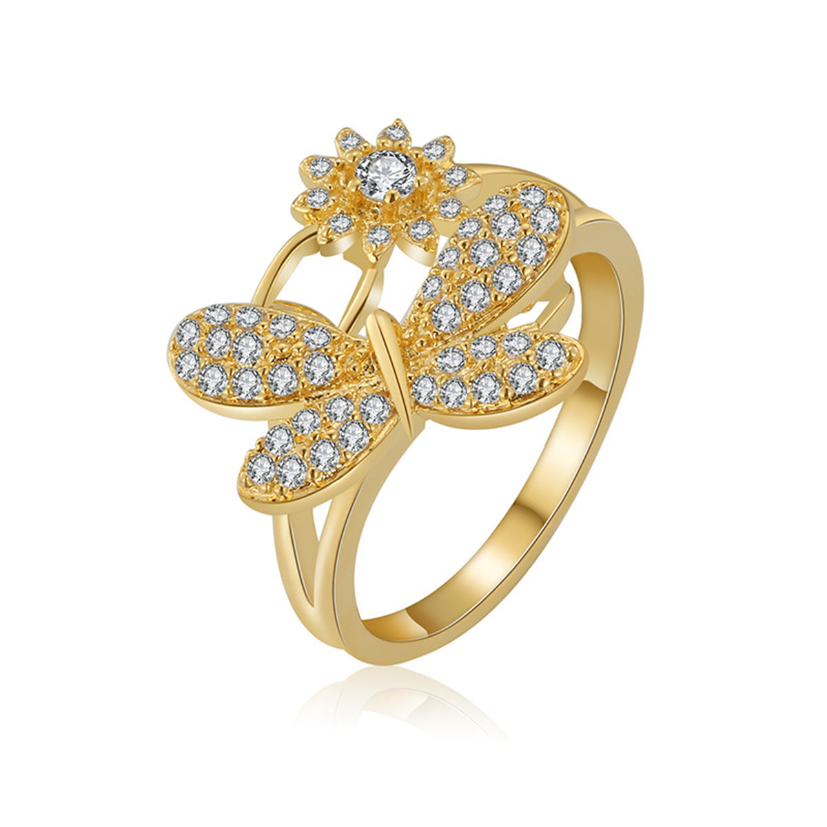 Cubic Zirconia and Gold-Plated Dragonfly Ring, gold statement rings for women, botanical inspired, detail close-up