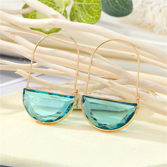 Blue Crystal and 18K Gold-Plated Semicircle Drop Earrings, gold drop earrings for women, vintage-inspired design, front view