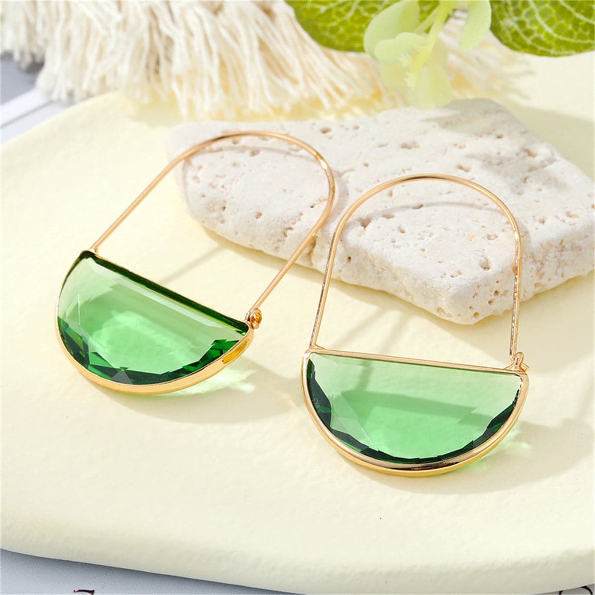 Green Crystal & 18K Gold-Plated Semicircle Drop Earrings