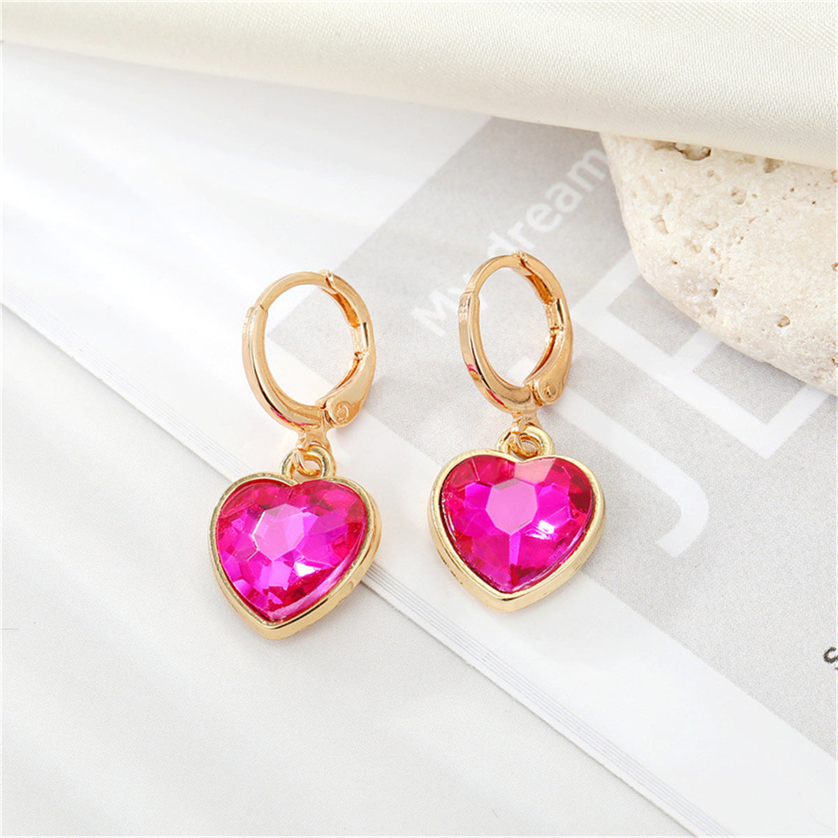 Red Crystal and 18K Gold-Plated Heart Drop Earrings, gold huggie earrings, dainty minimalist design, front view