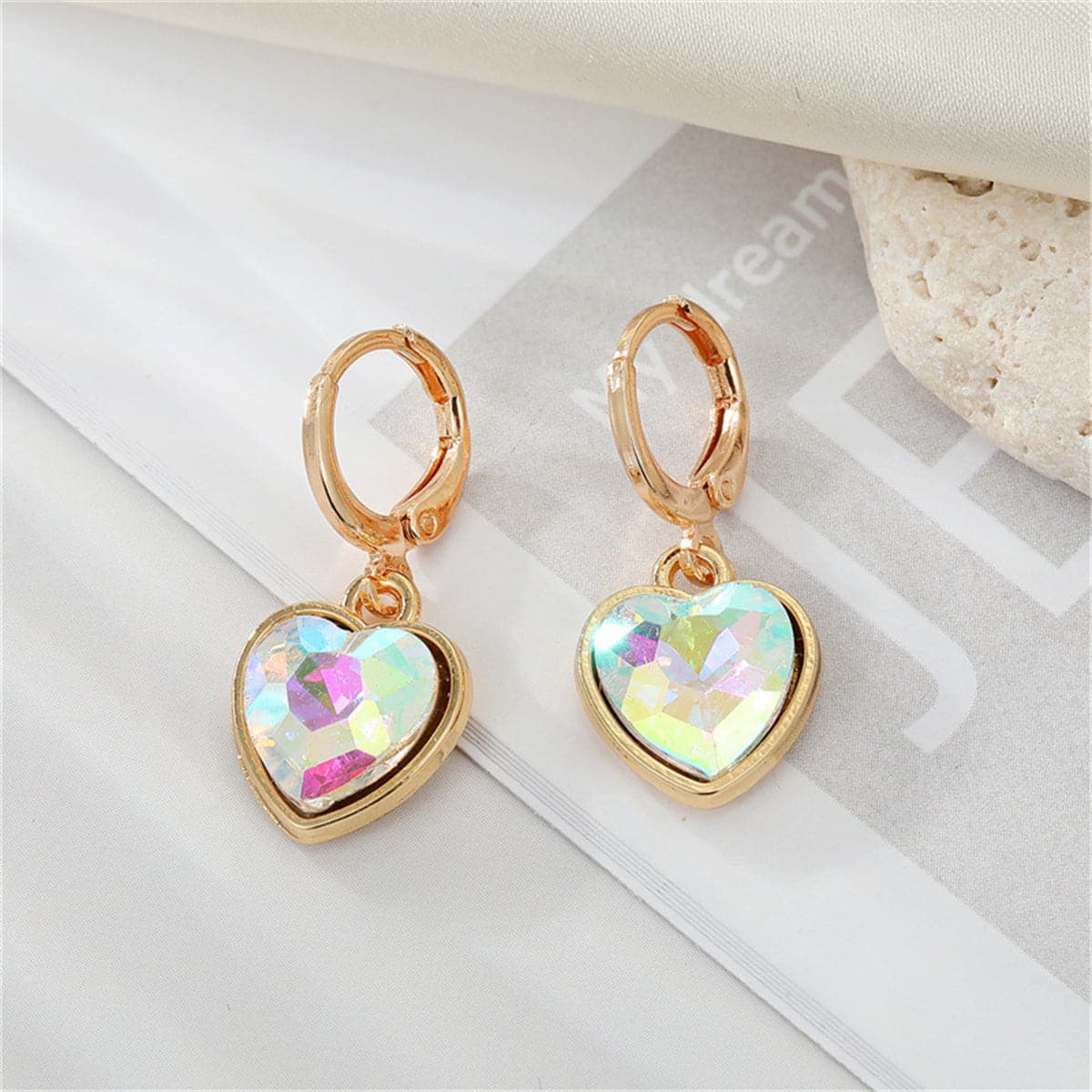 Crystal and 18K Gold-Plated Heart Drop Earrings, gold huggie earrings, dainty minimalist design, front view