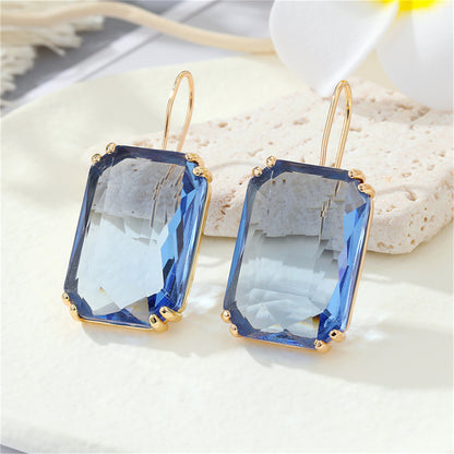 Blue Crystal and 18K Gold-Plated Emerald-Cut Drop Earrings, gold drop earrings for women, vintage-inspired design, front view