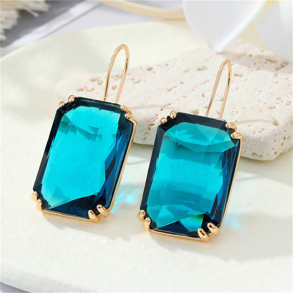 Dark Blue Crystal and 18K Gold-Plated Radiant-Cut Drop Earrings, gold drop earrings for women, botanical inspired, front view