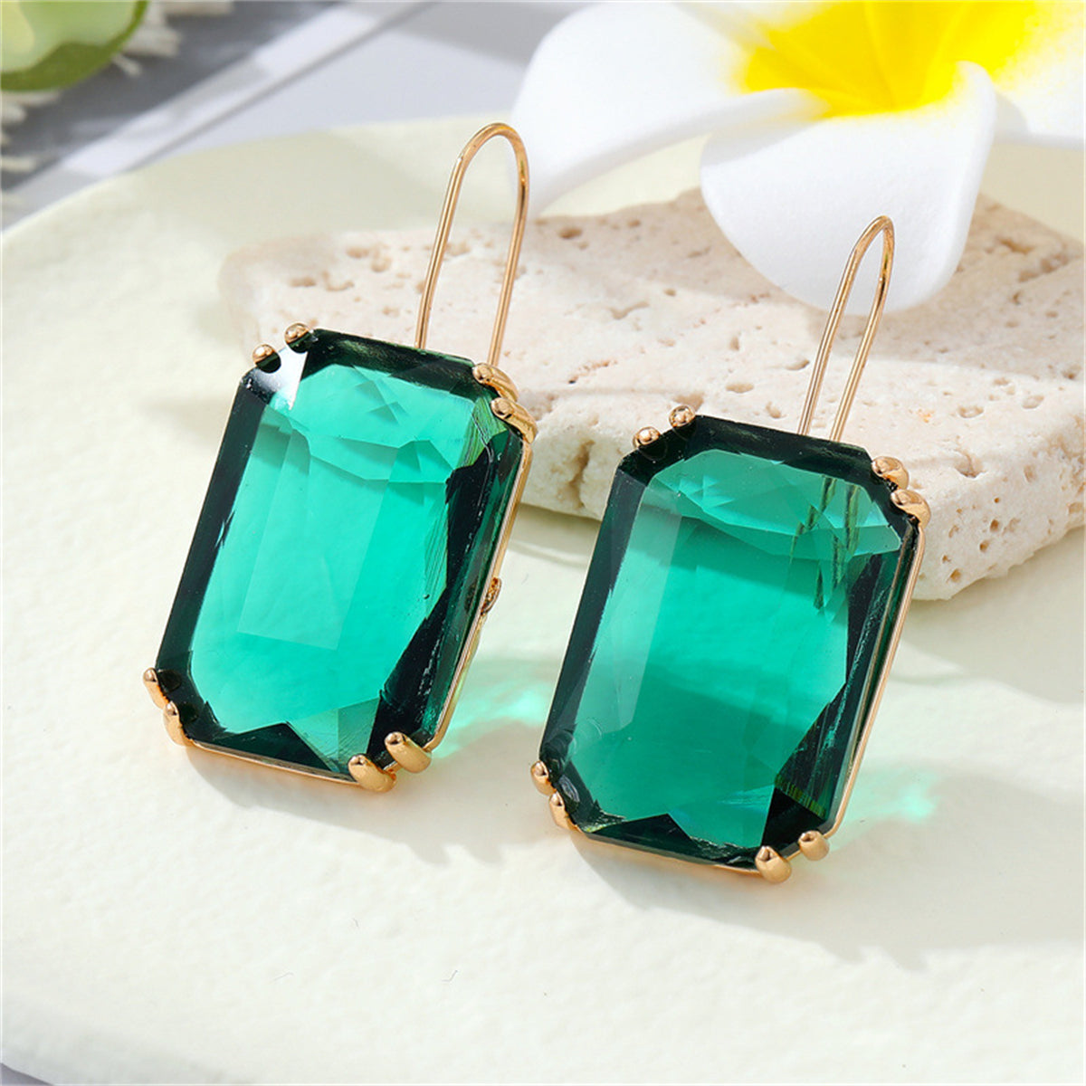 Green Crystal and 18K Gold-Plated Rectangle Drop Earrings, gold huggie earrings, elegant gift for her, front view
