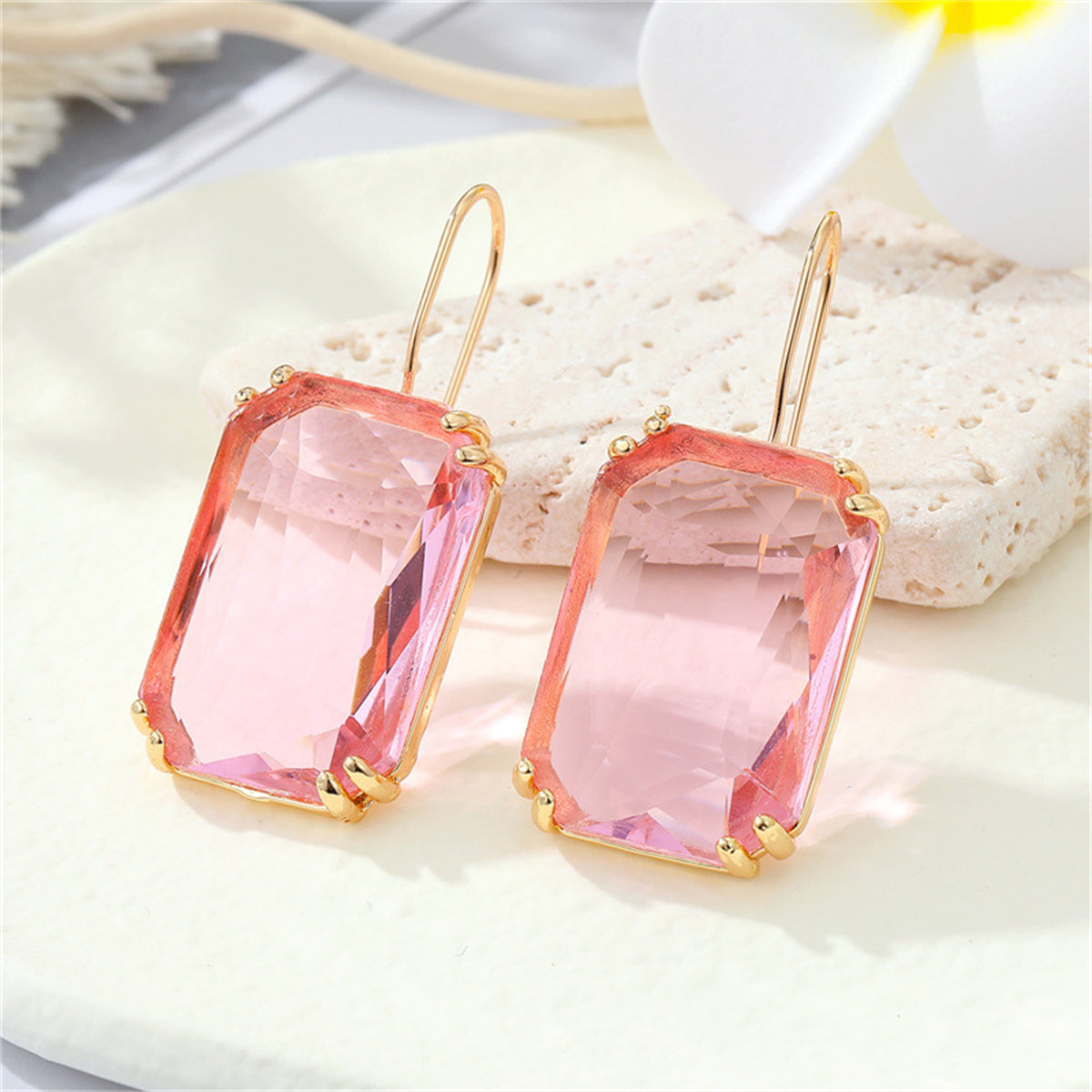 Pink Crystal and 18K Gold-Plated Rectangle Huggie Earrings, gold huggie earrings, vintage-inspired design, front view
