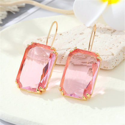 Pink Crystal and 18K Gold-Plated Rectangle Huggie Earrings, gold huggie earrings, vintage-inspired design, front view