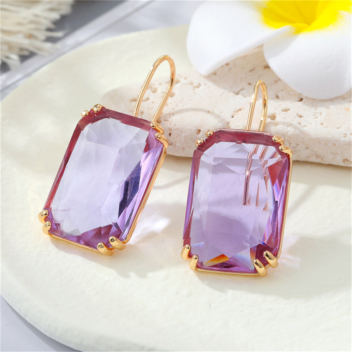 Purple Crystal and 18K Gold-Plated Radiant-Cut Drop Earrings, gold drop earrings for women, botanical inspired, front view