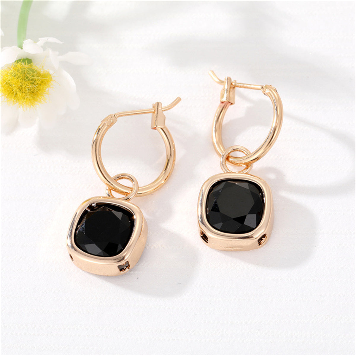 Black Crystal and 18K Gold-Plated Cube Huggie Earring, gold huggie earrings, elegant gift for her, front view