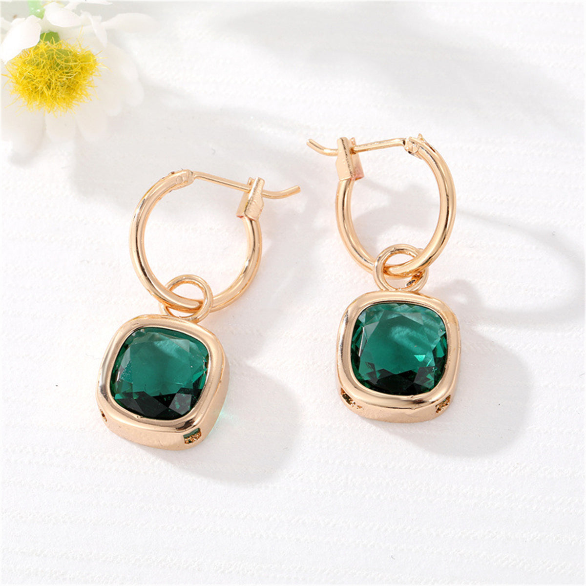 Dark Green Crystal and 18K Gold-Plated Cube Drop Earrings, gold huggie earrings, dainty minimalist design, front view