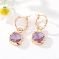 Purple Crystal & Goldtone Cube Huggie Earring