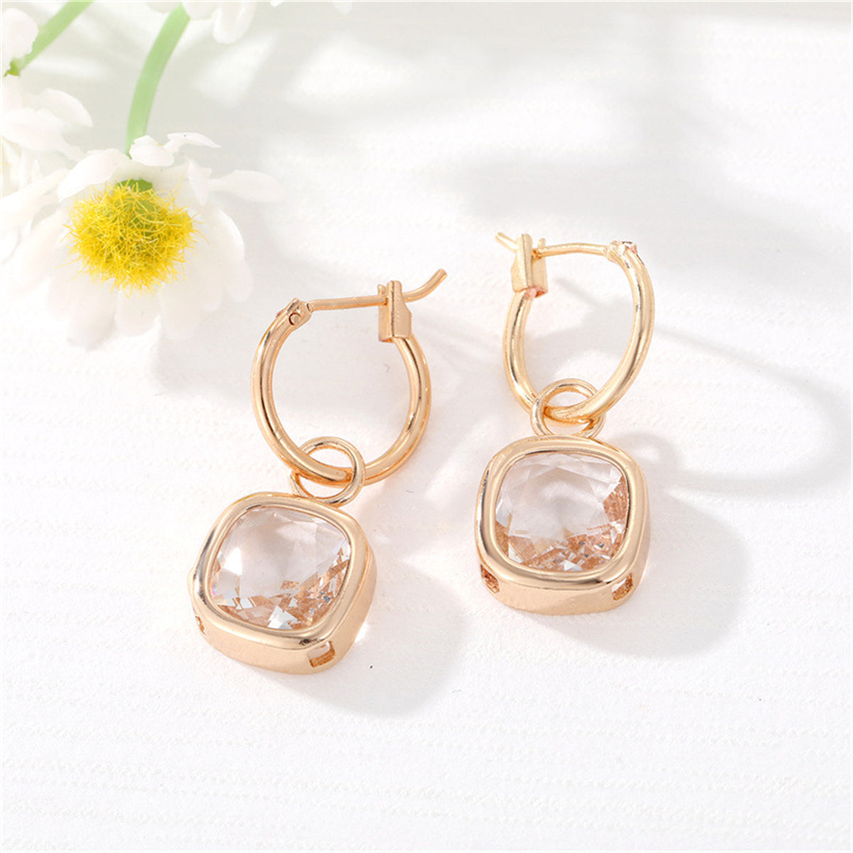 Yellow Crystal and 18K Gold-Plated Cube Huggie Earrings, gold huggie earrings, vintage-inspired design, front view