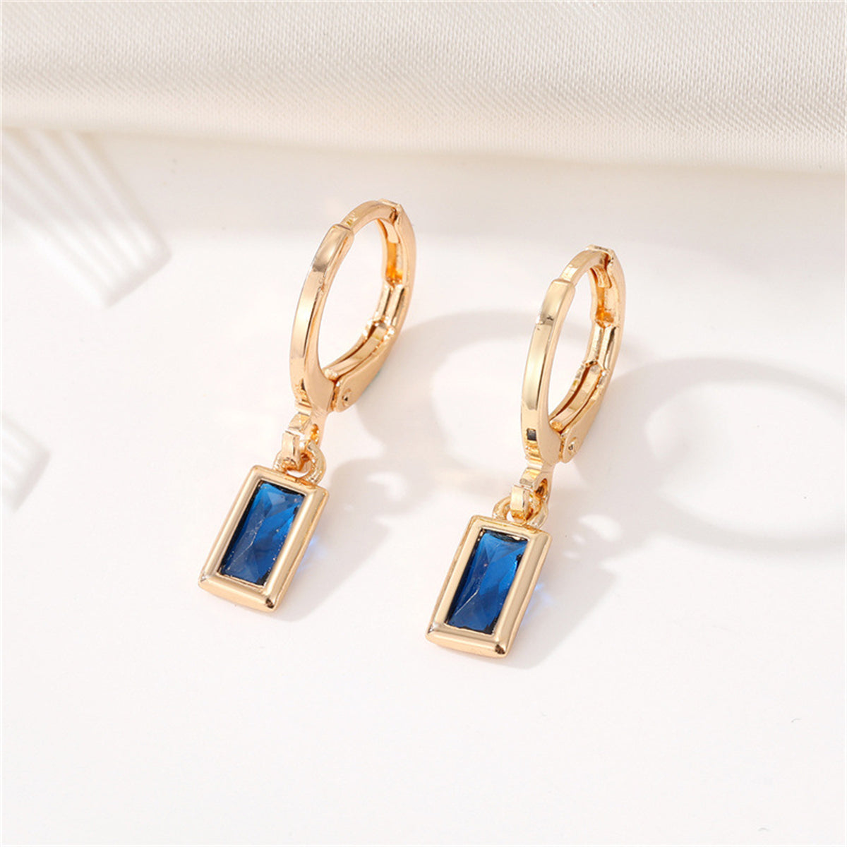 Blue Crystal and 18K Gold-Plated Rectangle Huggie Earrings, gold huggie earrings, everyday style, front view
