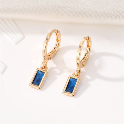 Blue Crystal and 18K Gold-Plated Rectangle Huggie Earrings, gold huggie earrings, everyday style, front view