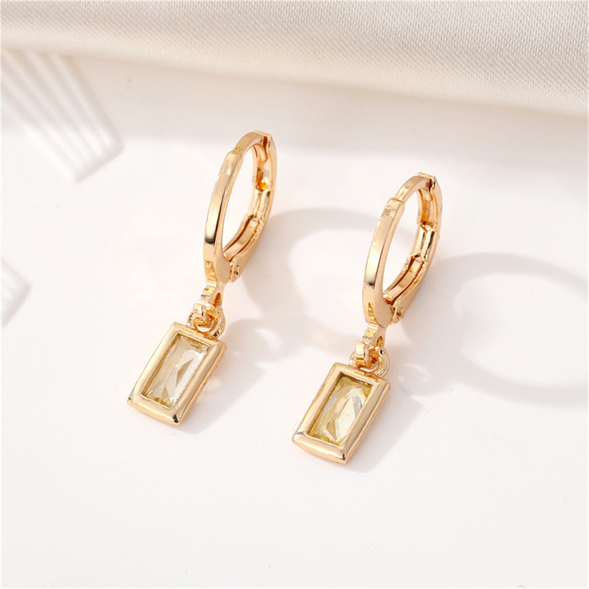 Yellow Crystal and 18K Gold-Plated Rectangle Huggie Earring, gold huggie earrings, everyday style, front view