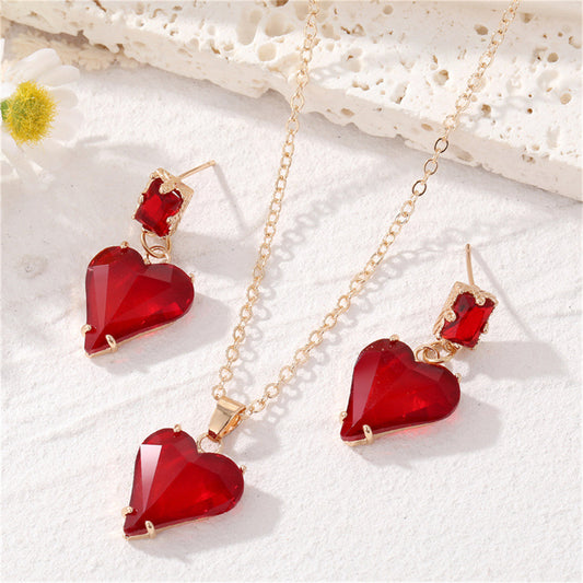 Red Crystal and 18K Gold-Plated Heart Pendant Necklace and Drop Earrings, gold drop earrings for women, front view