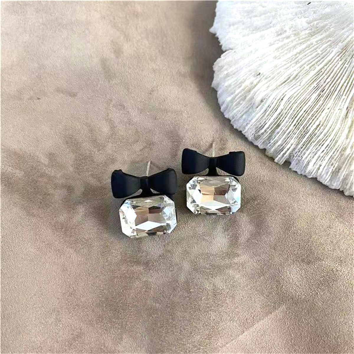 Crystal and Black Enamel Silver-Plated Bow Stud Earring, silver drop earrings for women, elegant gift for her, side view
