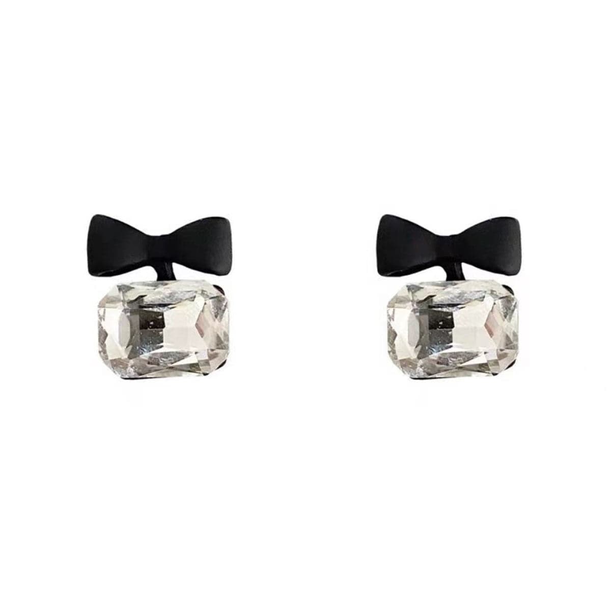 Crystal and Black Enamel Silver-Plated Bow Stud Earring, silver drop earrings for women, elegant gift for her, front view