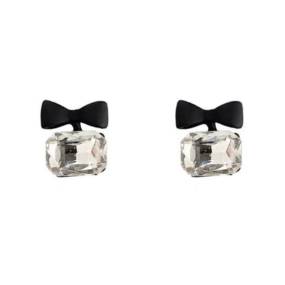 Crystal and Black Enamel Silver-Plated Bow Stud Earring, silver drop earrings for women, elegant gift for her, front view