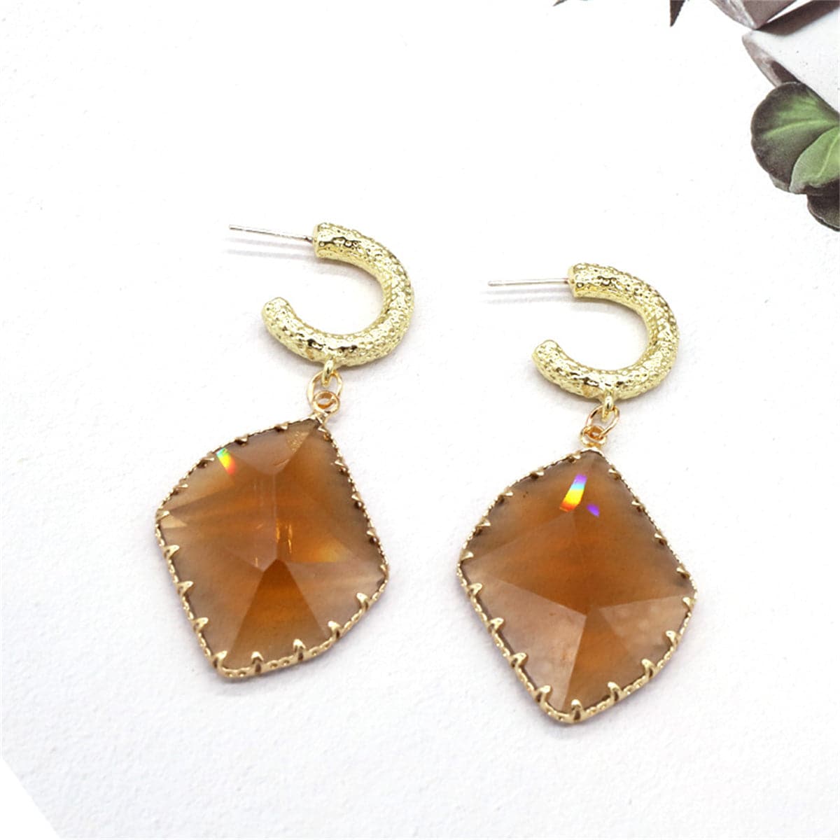 Brown Crystal & 18K Gold-Plated Geometric Drop Earrings