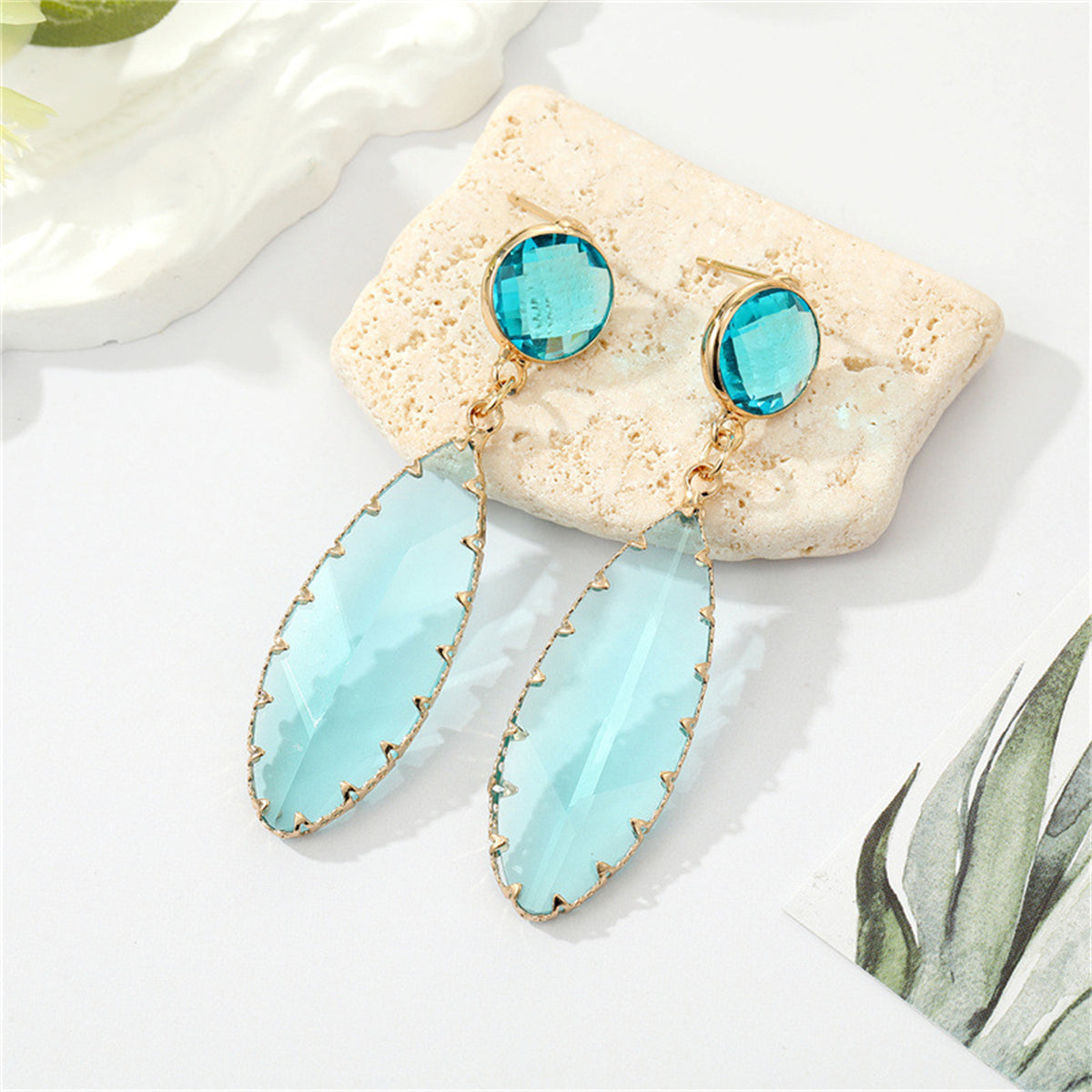 Sky Blue Crystal and 18K Gold-Plated Leaf Drop Earrings, gold drop earrings for women, vintage-inspired design, front view