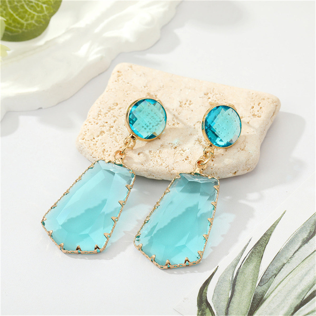 Sky Blue Crystal and 18K Gold-Plated Geo Drop Earrings, gold drop earrings for women, botanical inspired, front view