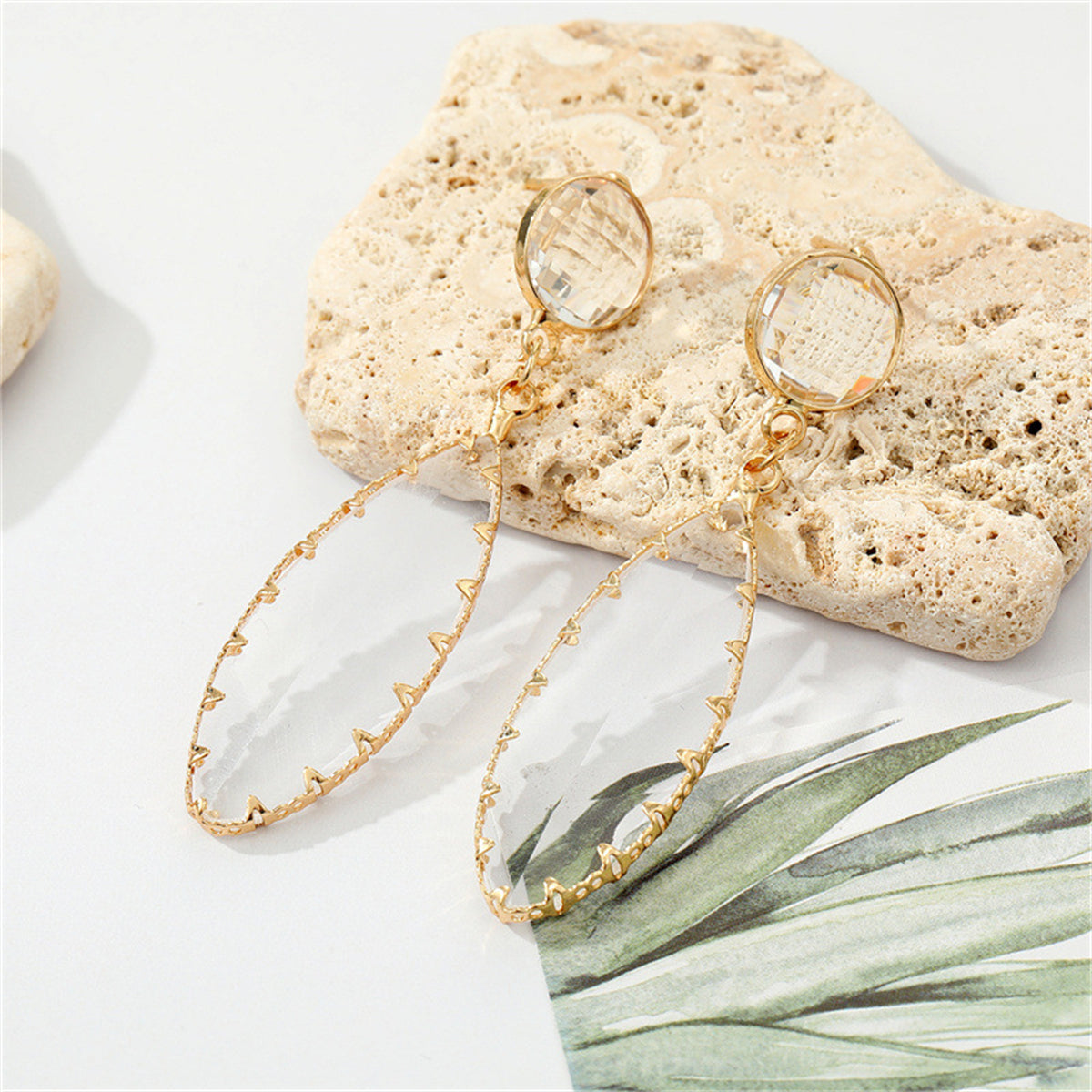 Crystal and 18K Gold-Plated Oval Drop Earrings, gold drop earrings for women, dainty minimalist design, front view
