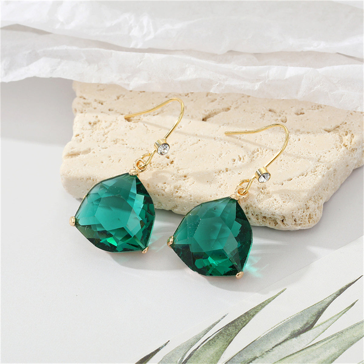 Green Crystal and Cubic Zirconia Shield Drop Earrings, drop earrings for women, vintage-inspired design, front view