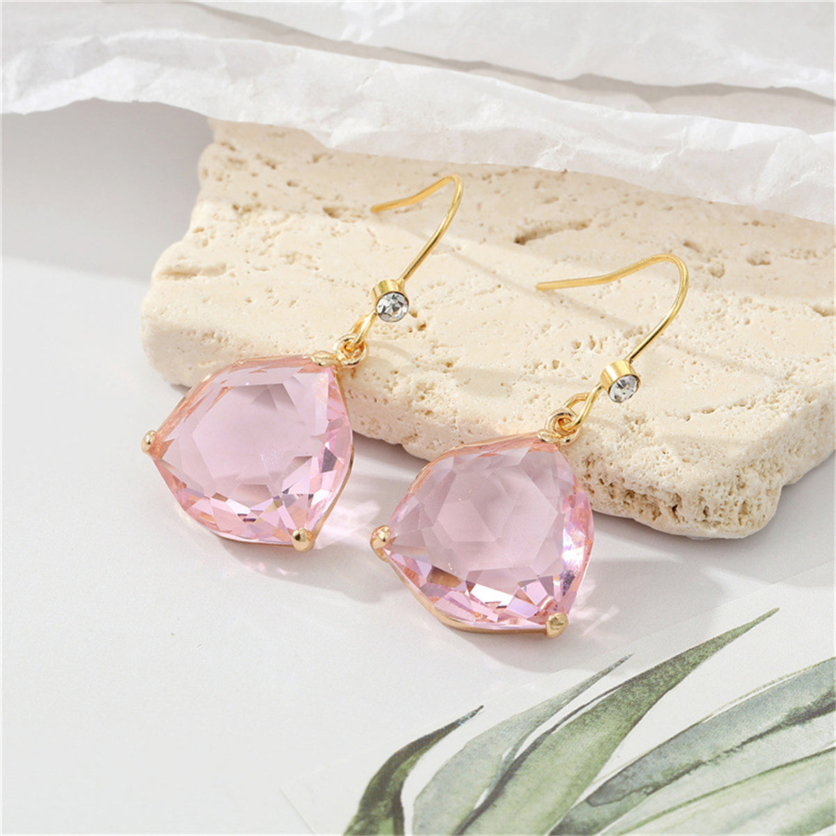 Pink Crystal and Cubic Zirconia Hexagon Drop Earrings, drop earrings for women, botanical inspired, front view