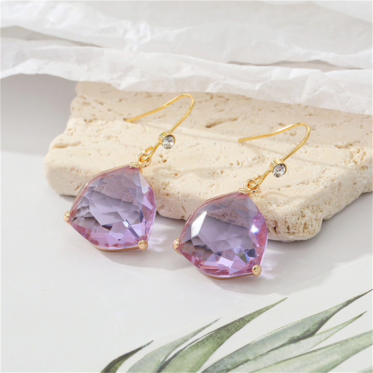Purple Crystal and Cubic Zirconia Trillion-Cut Drop Earrings, drop earrings for women, elegant gift for her, front view
