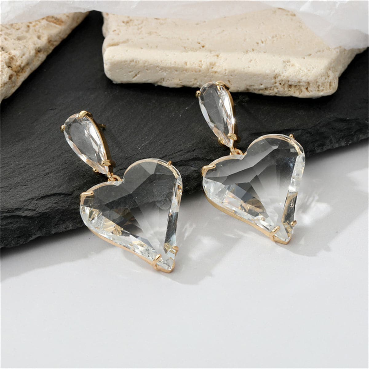 Crystal and 18K Gold-Plated Heart Drop Earrings, gold drop earrings for women, everyday style, front view