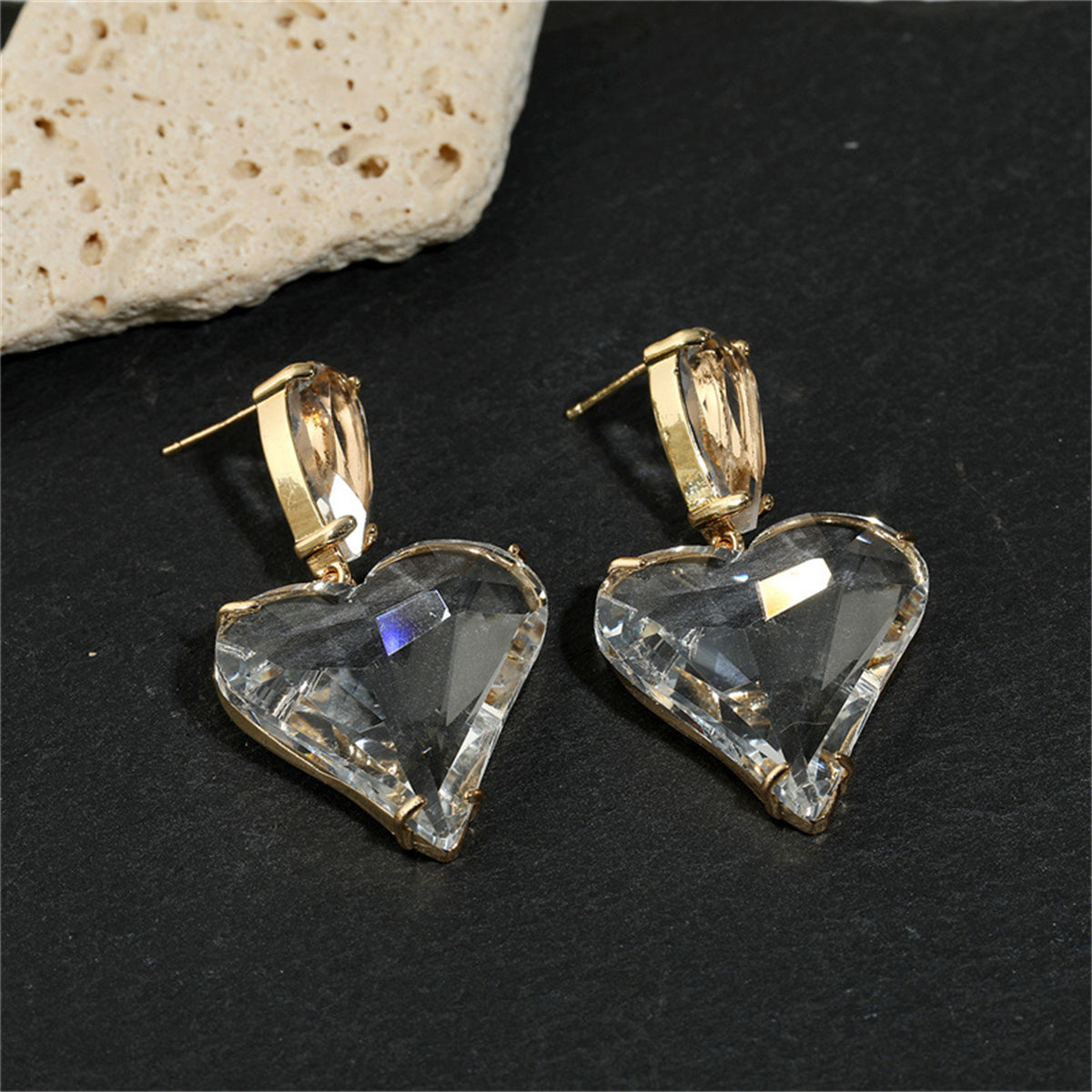 Crystal and 18K Gold-Plated Heart Drop Earrings, gold drop earrings for women, everyday style, detail close-up