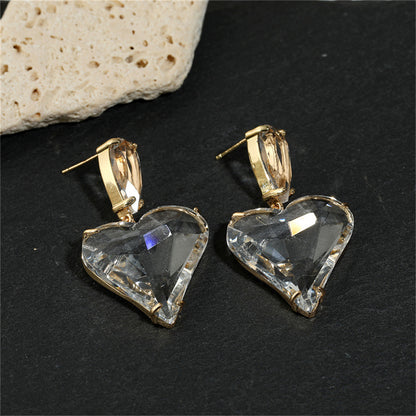 Crystal and 18K Gold-Plated Heart Drop Earrings, gold drop earrings for women, everyday style, detail close-up