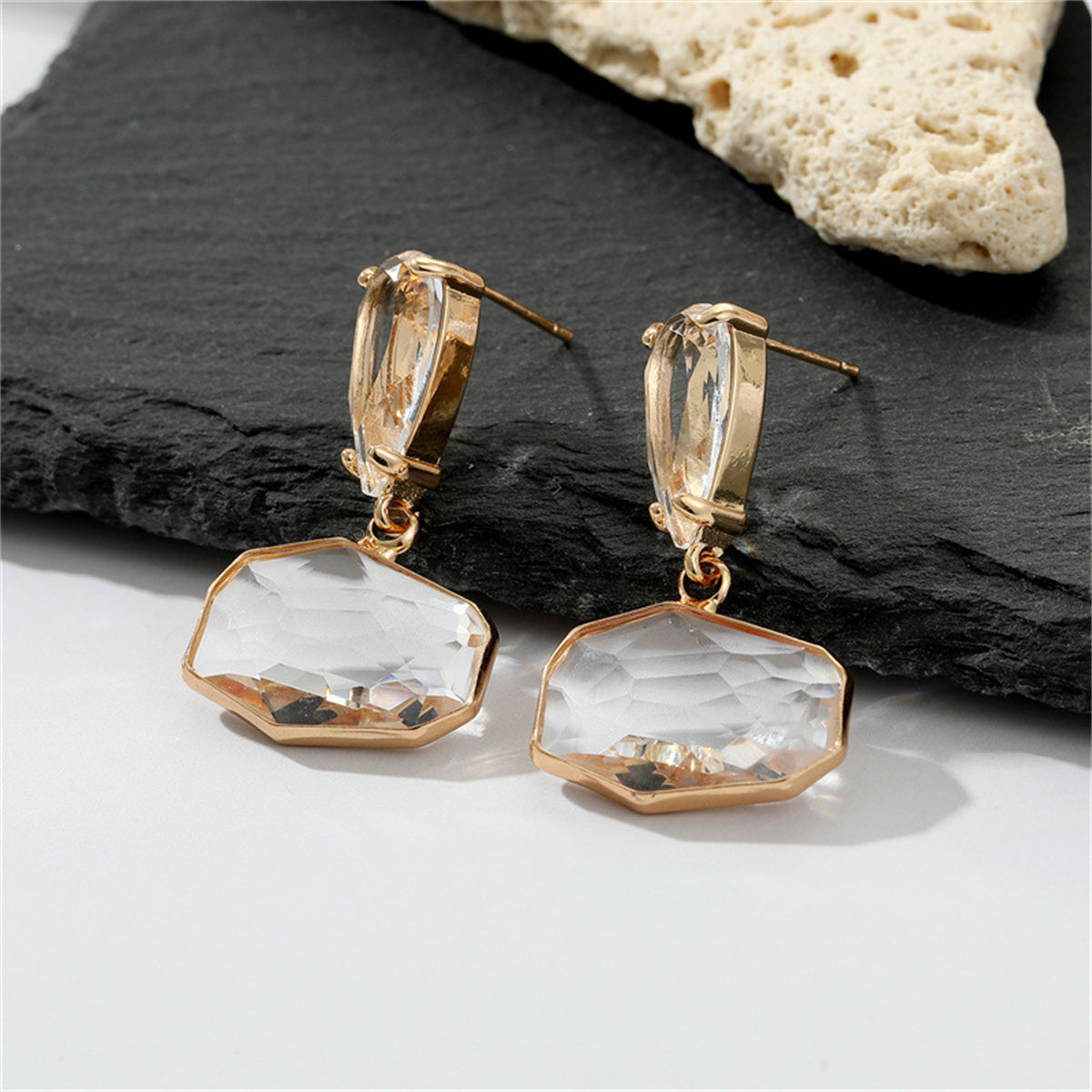 Crystal and 18K Gold-Plated Abstract and Pear-Cut Drop Earrings, gold drop earrings for women, everyday style, front view