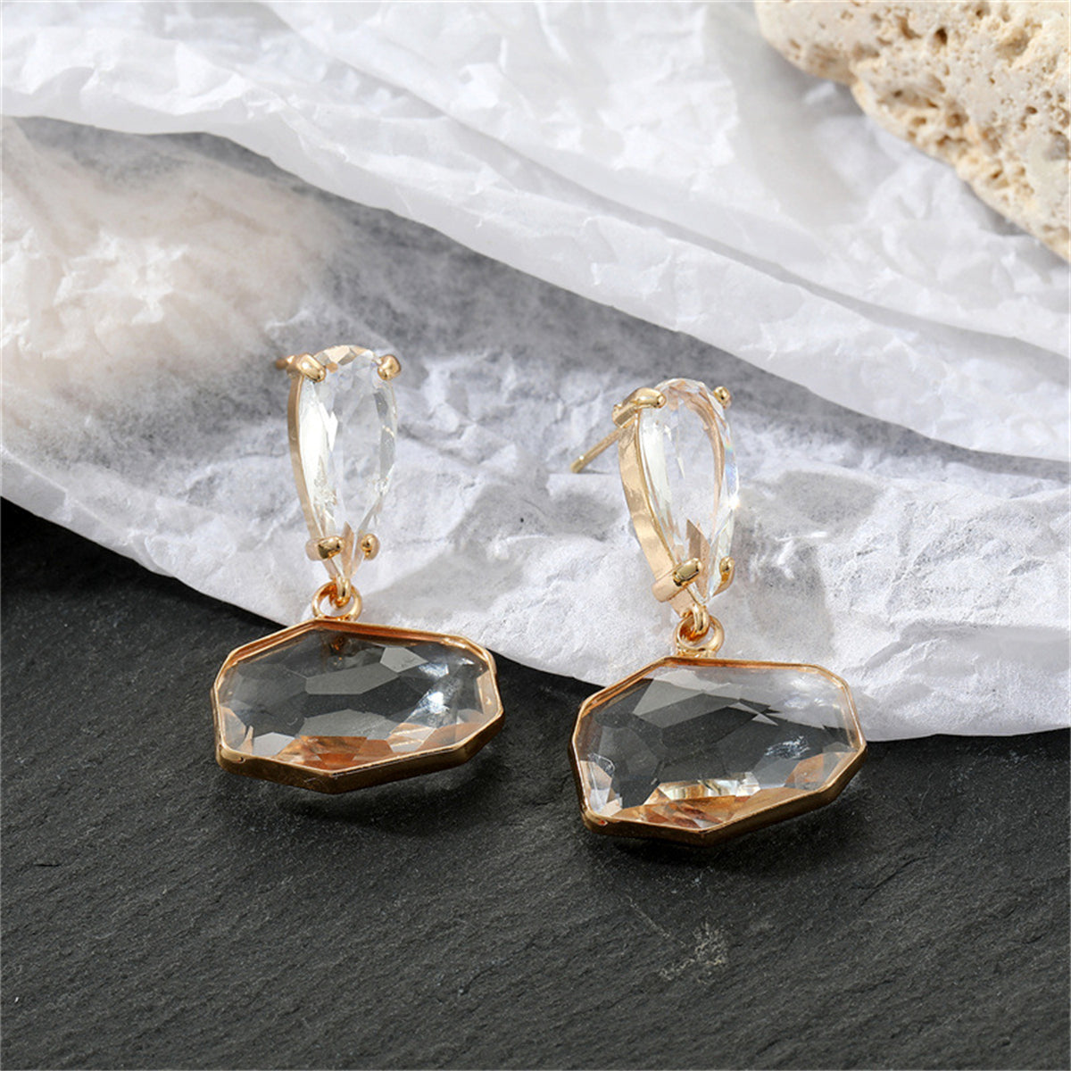 Crystal and 18K Gold-Plated Abstract and Pear-Cut Drop Earrings, gold drop earrings for women, everyday style, side view