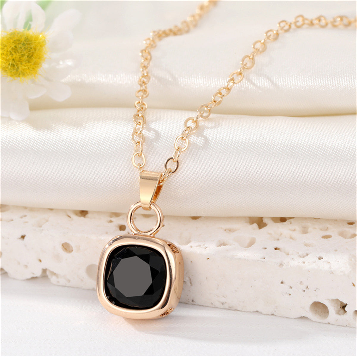 Black Crystal and 18K Gold-Plated Square Pendant Necklace, gold pendant necklace for women, everyday style, front view