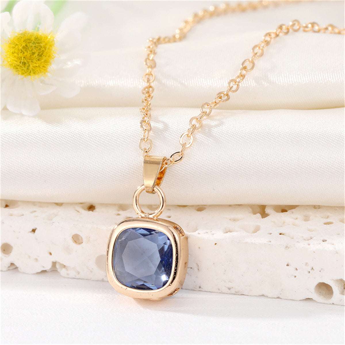 Blue Crystal and 18K Gold-Plated Square Pendant Necklace, gold pendant necklace for women, elegant gift for her, front view