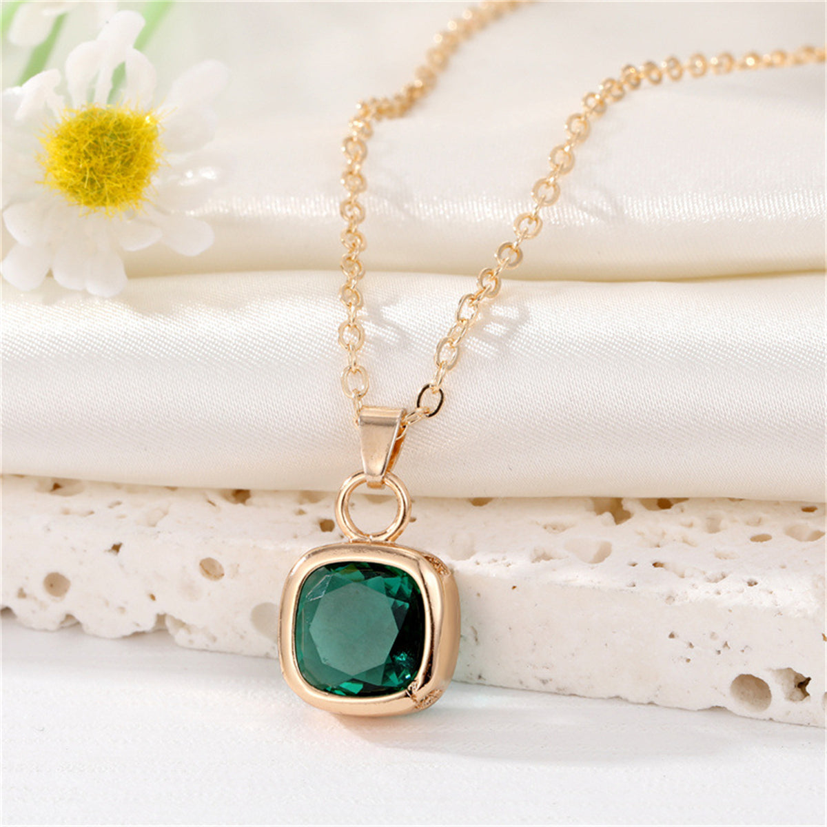 Green Crystal and 18K Gold-Plated Bezel Cushion-Cut Pendant Necklace, gold pendant necklace for women, front view
