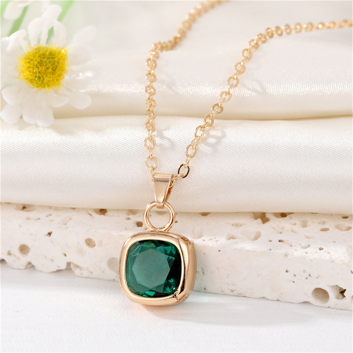 Green Crystal & 18K Gold-Plated Bezel Cushion-Cut Pendant Necklace