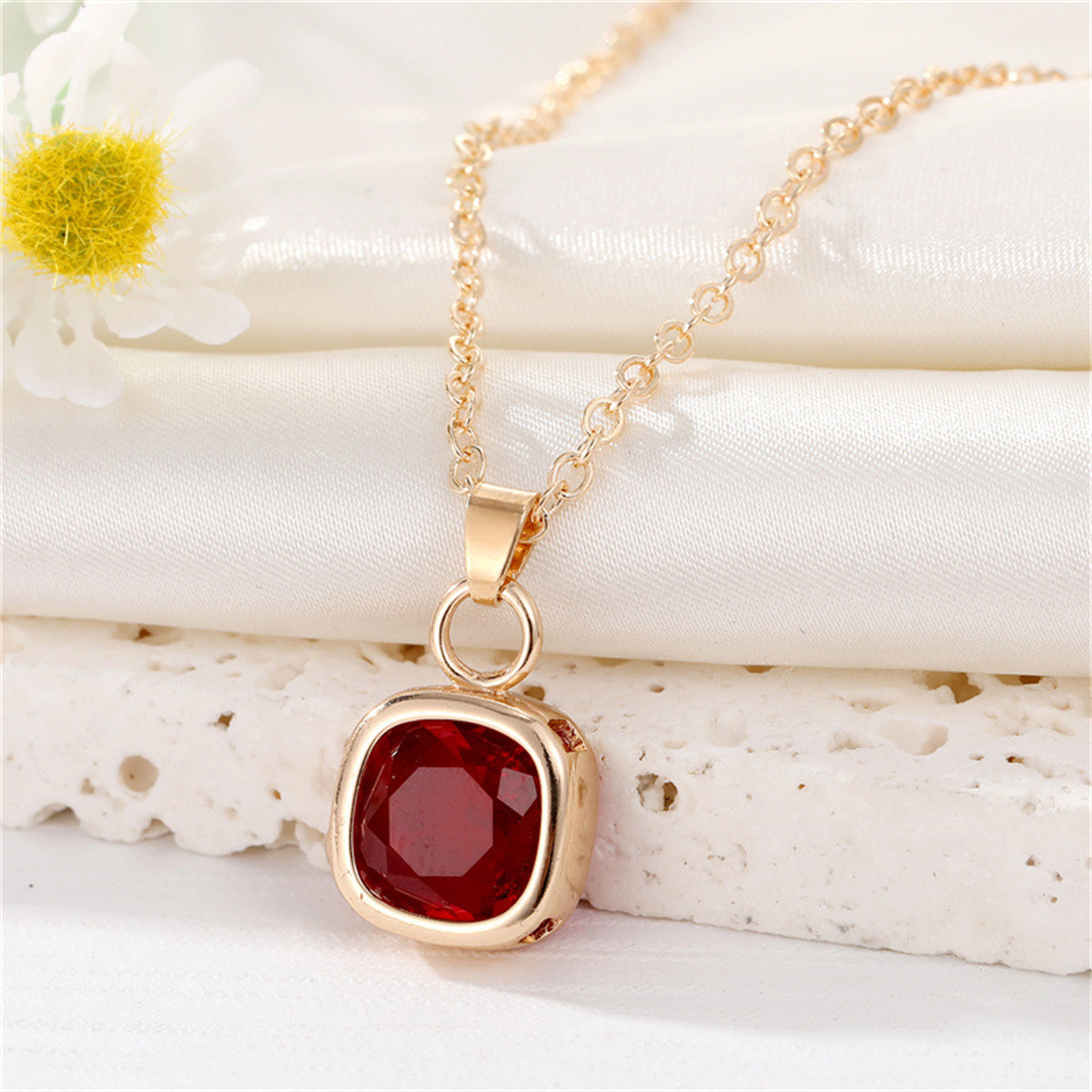 Red Crystal & 18K Gold-Plated Square Pendant Necklace