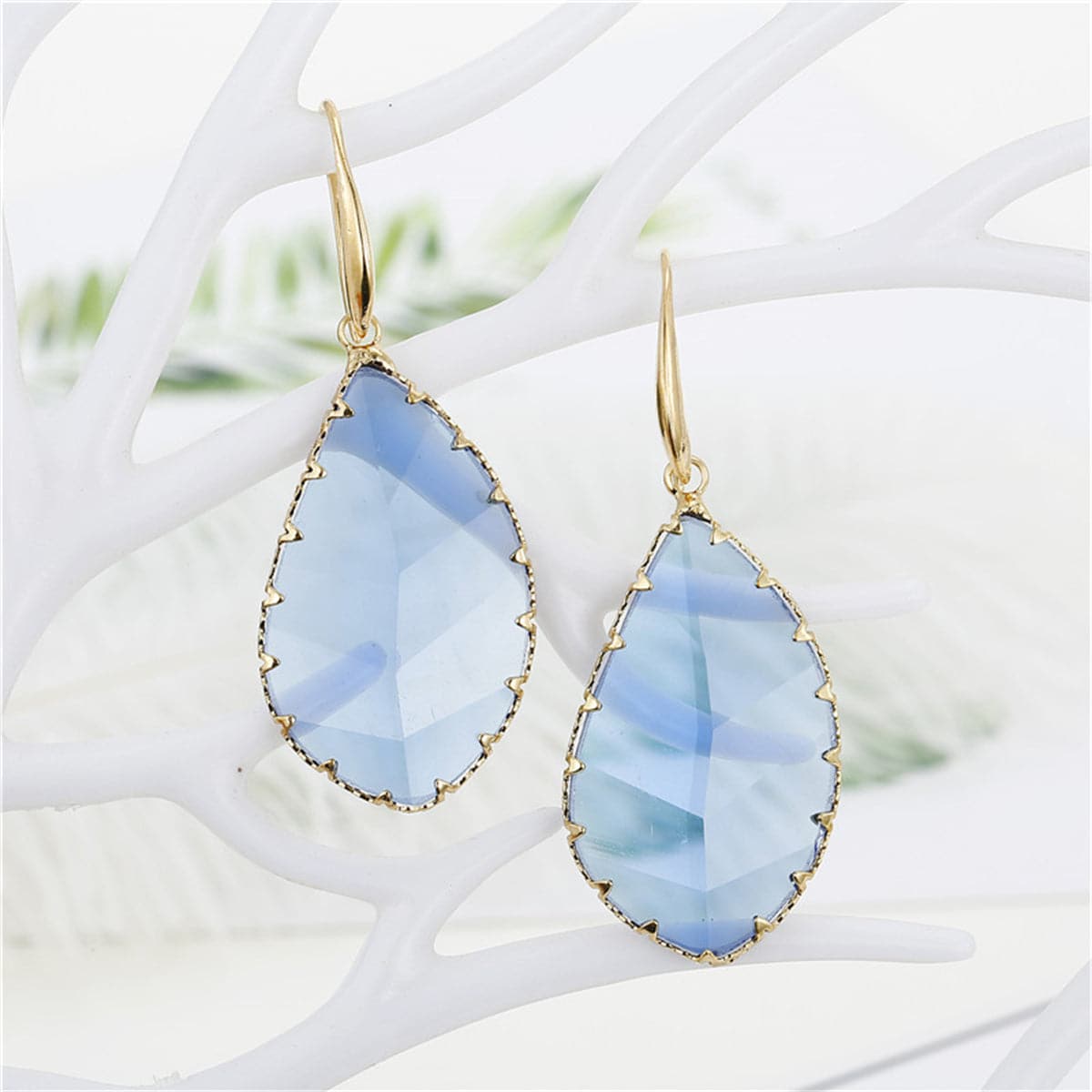 Blue Crystal and 18K Gold-Plated Teardrop Earrings, gold drop earrings for women, everyday style, front view
