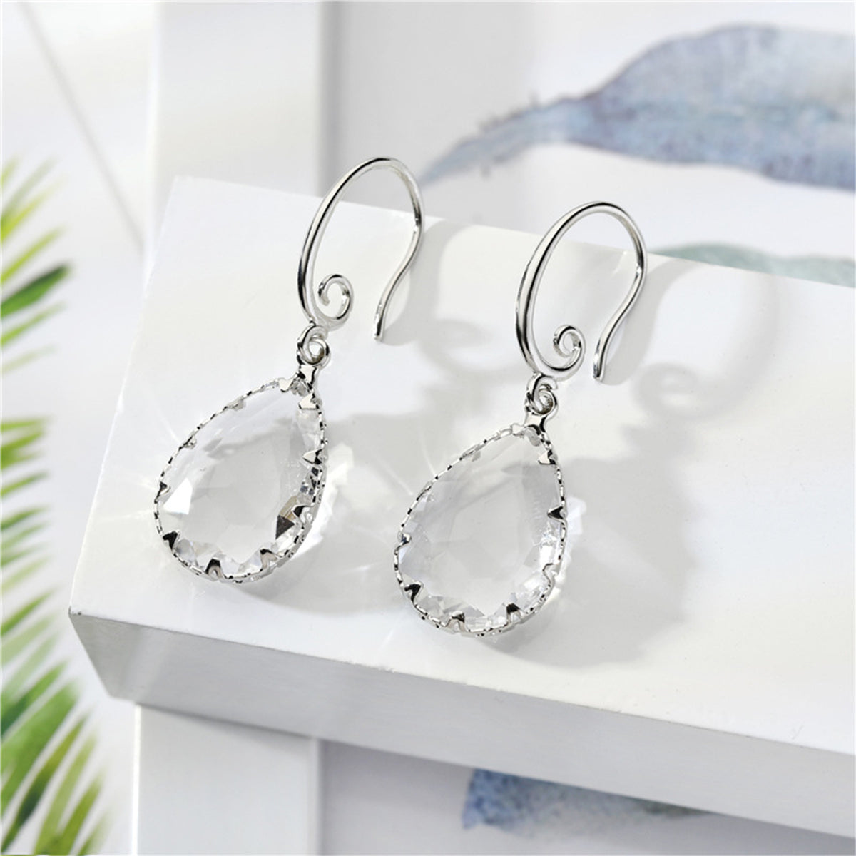 Crystal and Silver-Plated Teardrop Earrings, silver drop earrings for women, elegant gift for her, front view