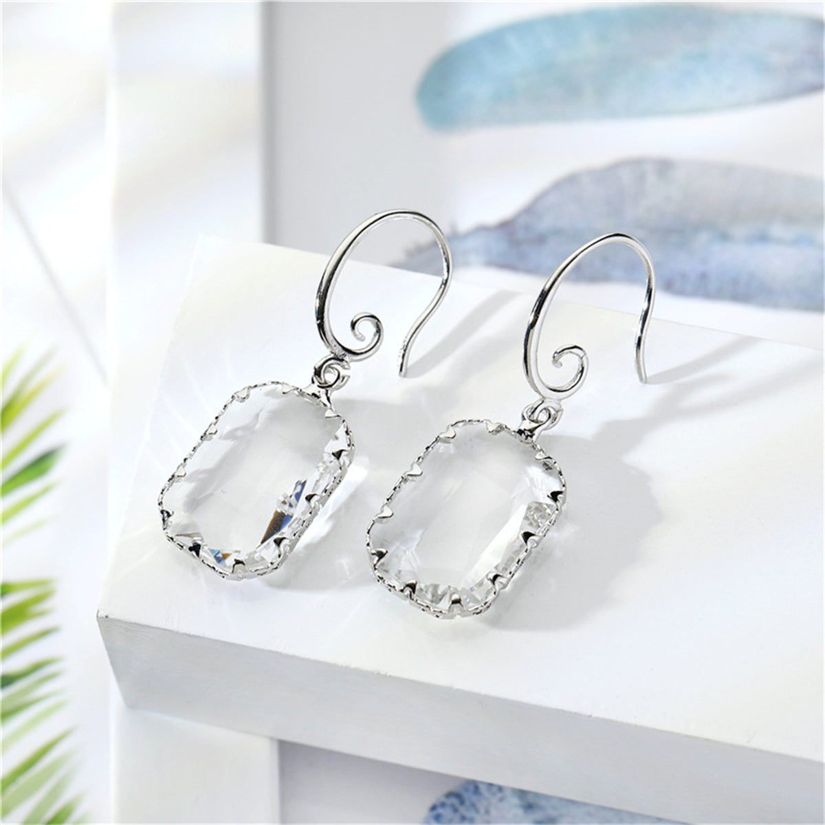 Crystal and Silver-Plated Rectangle Drop Earrings, silver drop earrings for women, botanical inspired, front view