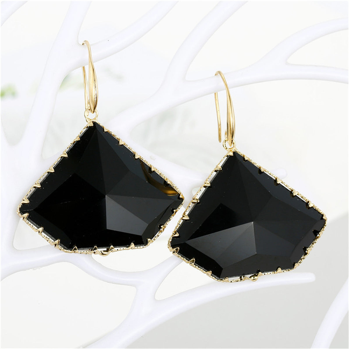 Black Crystal and 18K Gold-Plated Triangle Drop Earrings, gold drop earrings for women, dainty minimalist design, front view