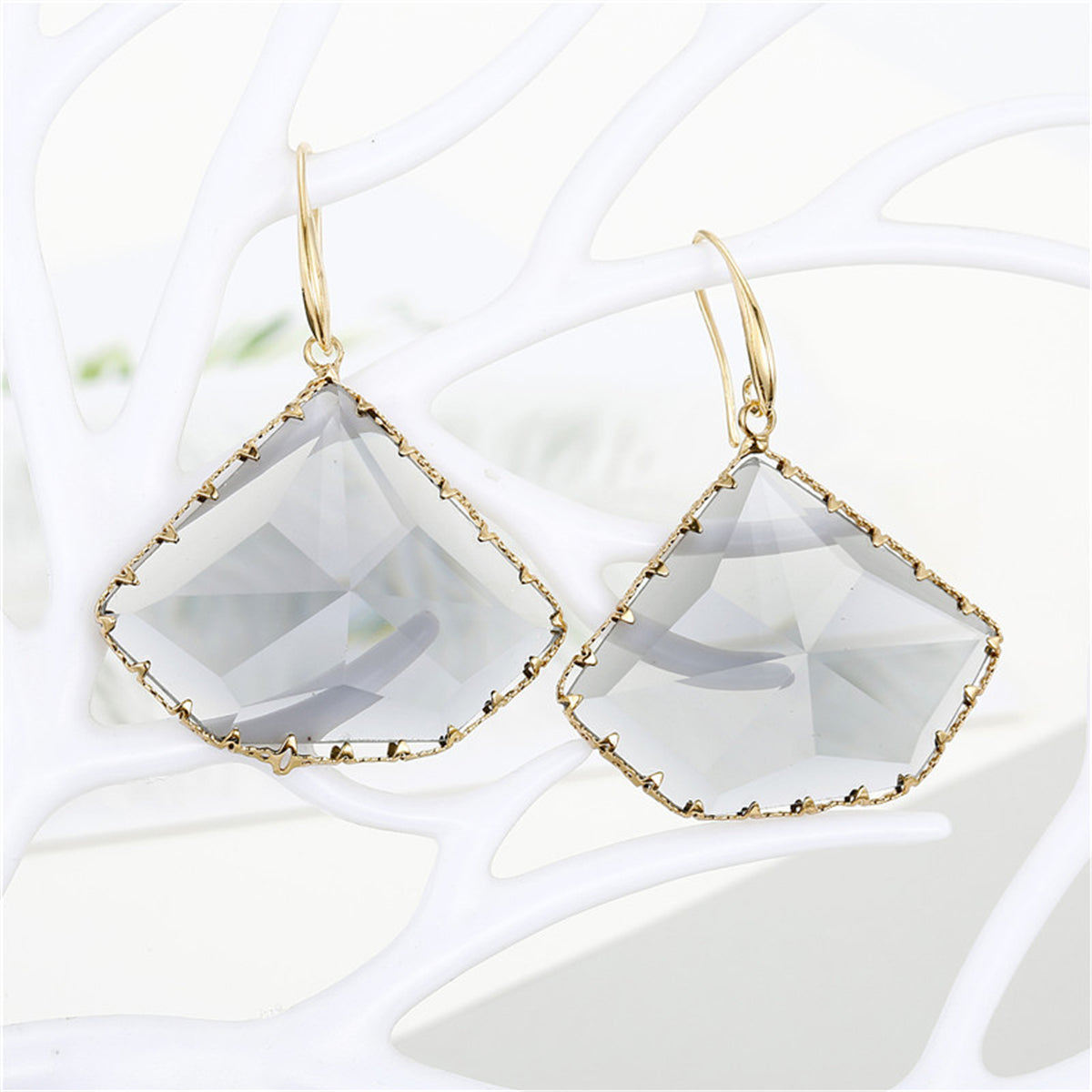 Gray Crystal and 18K Gold-Plated Triangle Drop Earrings, gold drop earrings for women, everyday style, front view