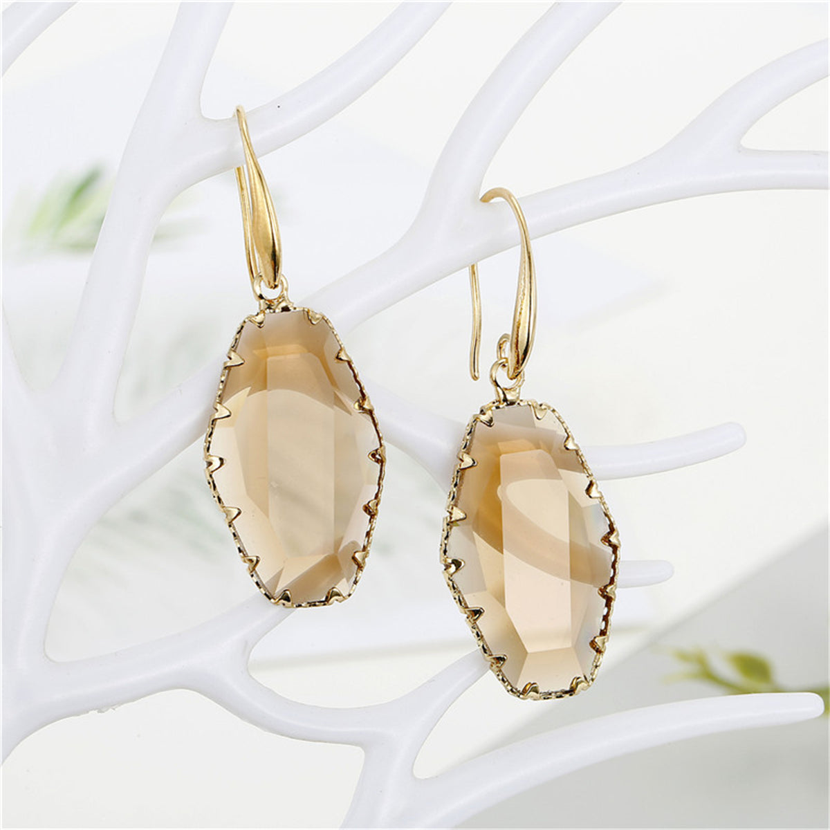 Coffee Crystal and 18K Gold-Plated Geometric Drop Earrings, gold drop earrings for women, front view