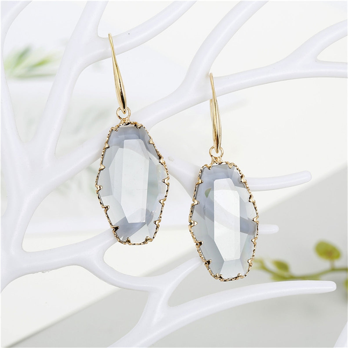 Gray Crystal and 18K Gold-Plated Drop Earrings, gold drop earrings for women, elegant gift for her, front view