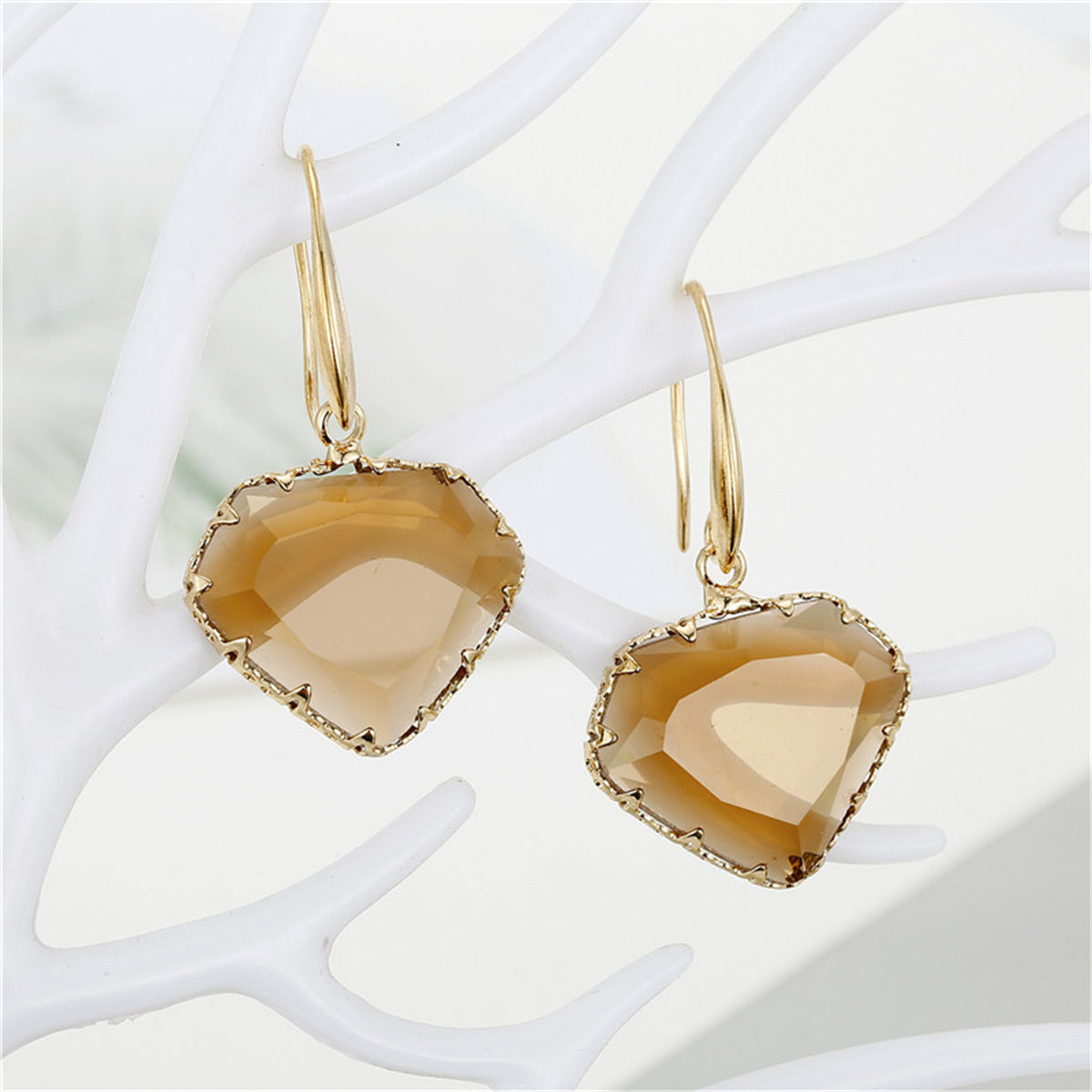 Coffee Crystal and 18K Gold-Plated Heart Drop Earrings, gold drop earrings for women, elegant gift for her, front view